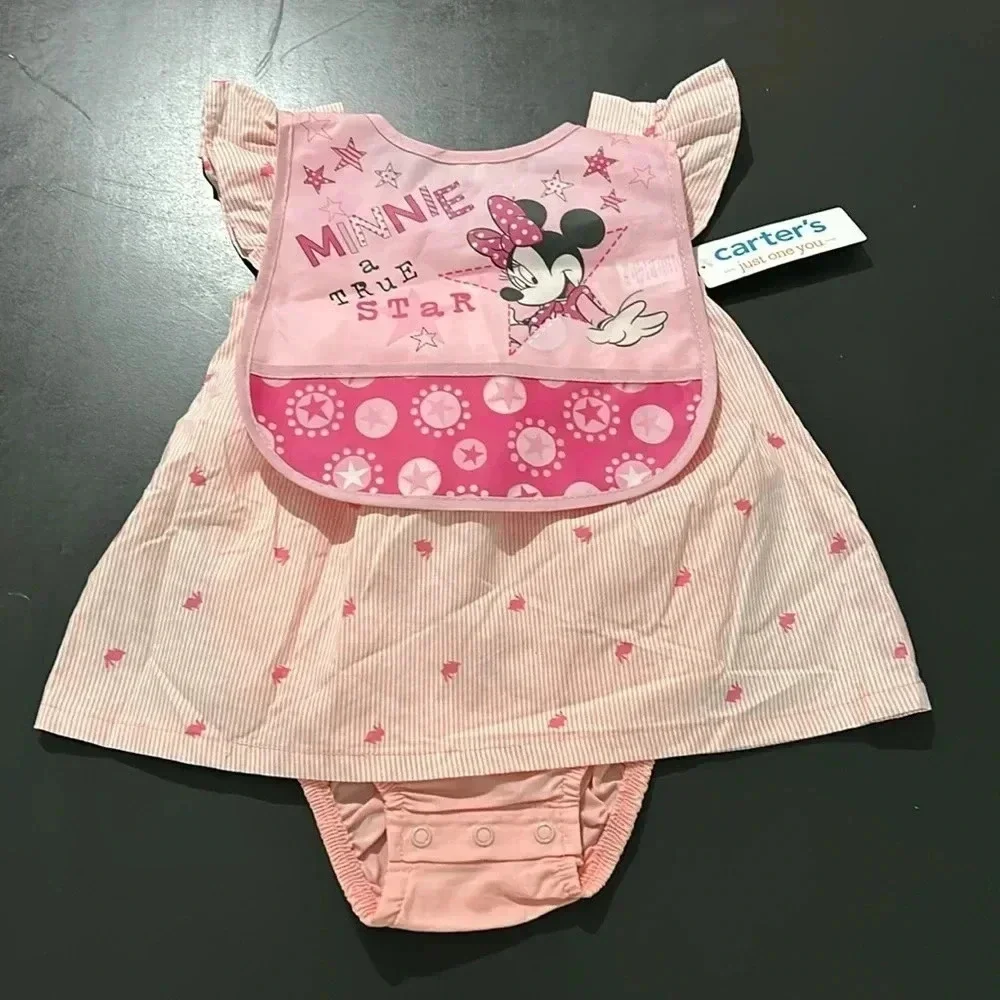 Carters one piece dress with built in bottoms also adding a Minnie Mouse bib